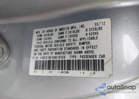 2012 Honda Accord 2.4 Ex-L from USA, damaged, VIN 1HGCS1B87CA016308